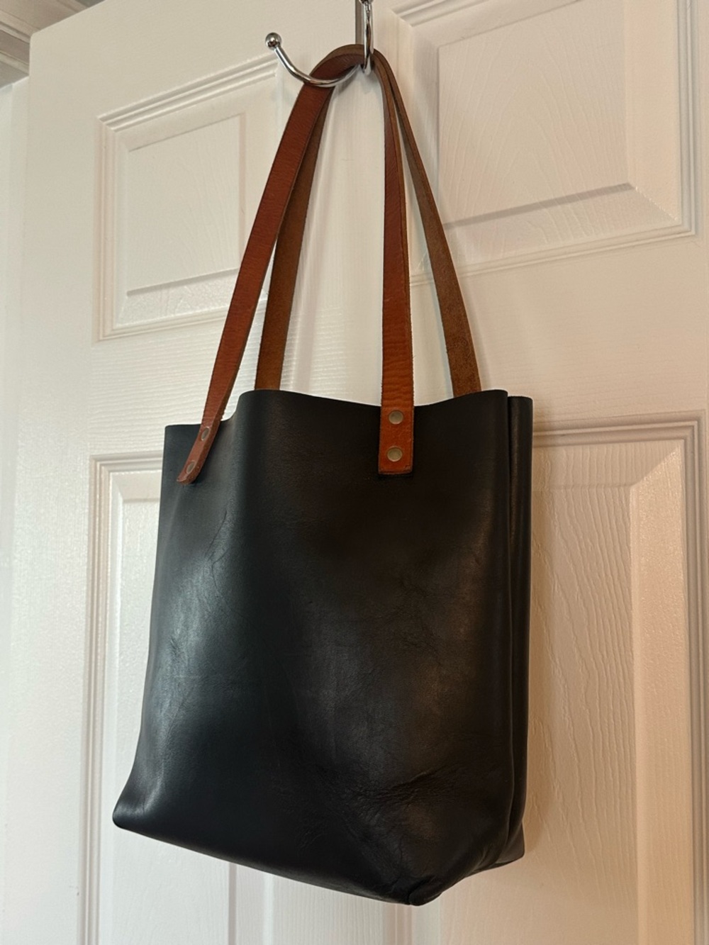 Portland Leather Black Top-Handle Shoulder Bag, Custom Brown Straps - Picture 6 of 8